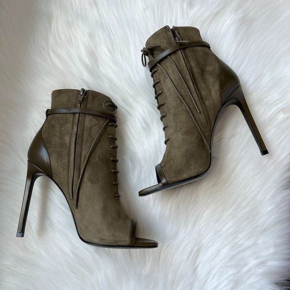 Saint Laurent Women's Paris Army Green Open Toe Suede Ankle Bootie Size 38 - Picture 3 of 6